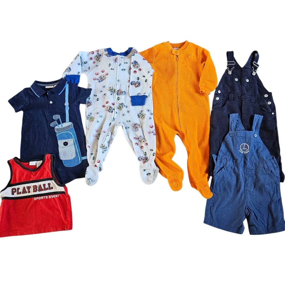 90s Vintage Baby Boy 12-18 Month Overalls Romper Pajamas Lot Oshkosh Carters